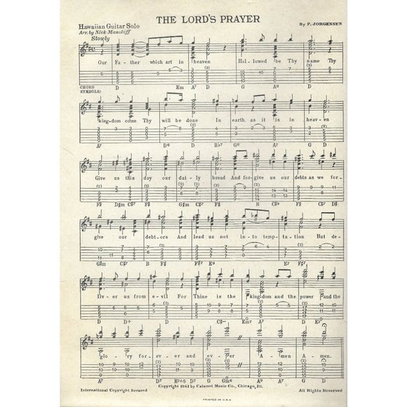 The Lords Prayer Sheet Music 1941 Jorgensen Hawaiian Guitar Solo Calumet Music - Picture 3 of 3